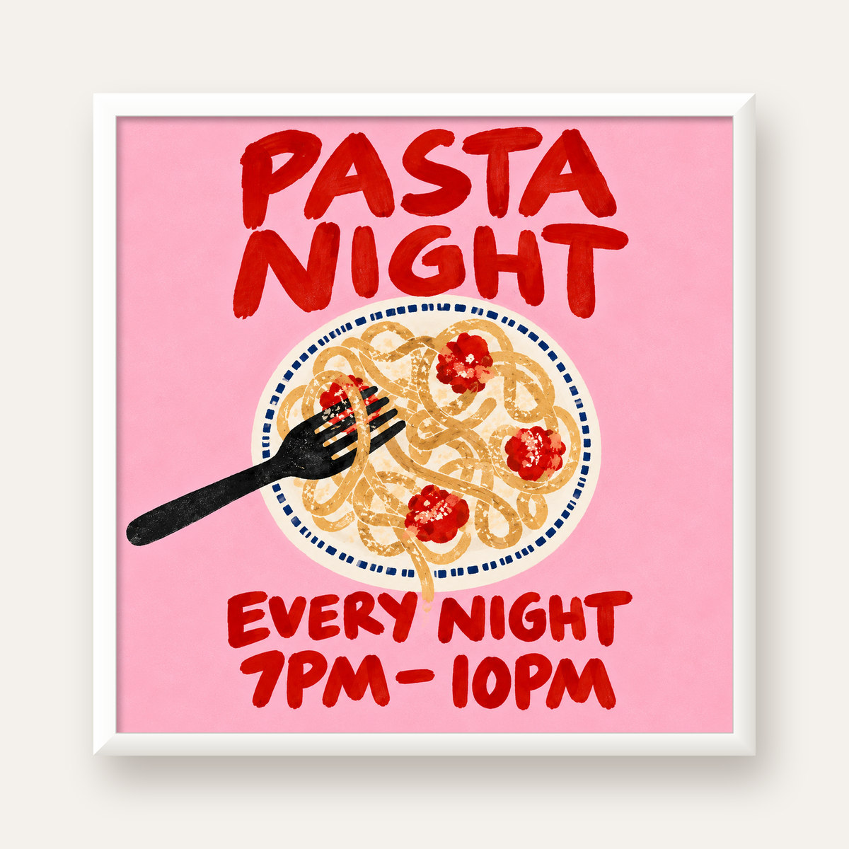 Spagetti Köfte Makarna Gecesi El Çizimi Poster — beyaz çerçeveli kare poster