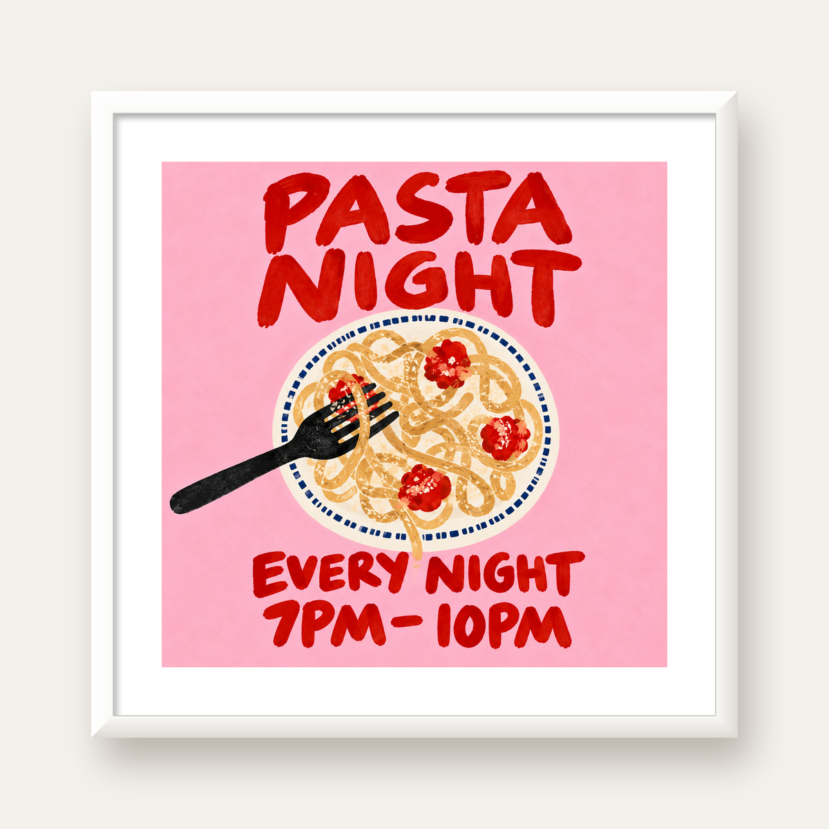 Spagetti Köfte Makarna Gecesi El Çizimi Poster — beyaz çerçeveli kare poster