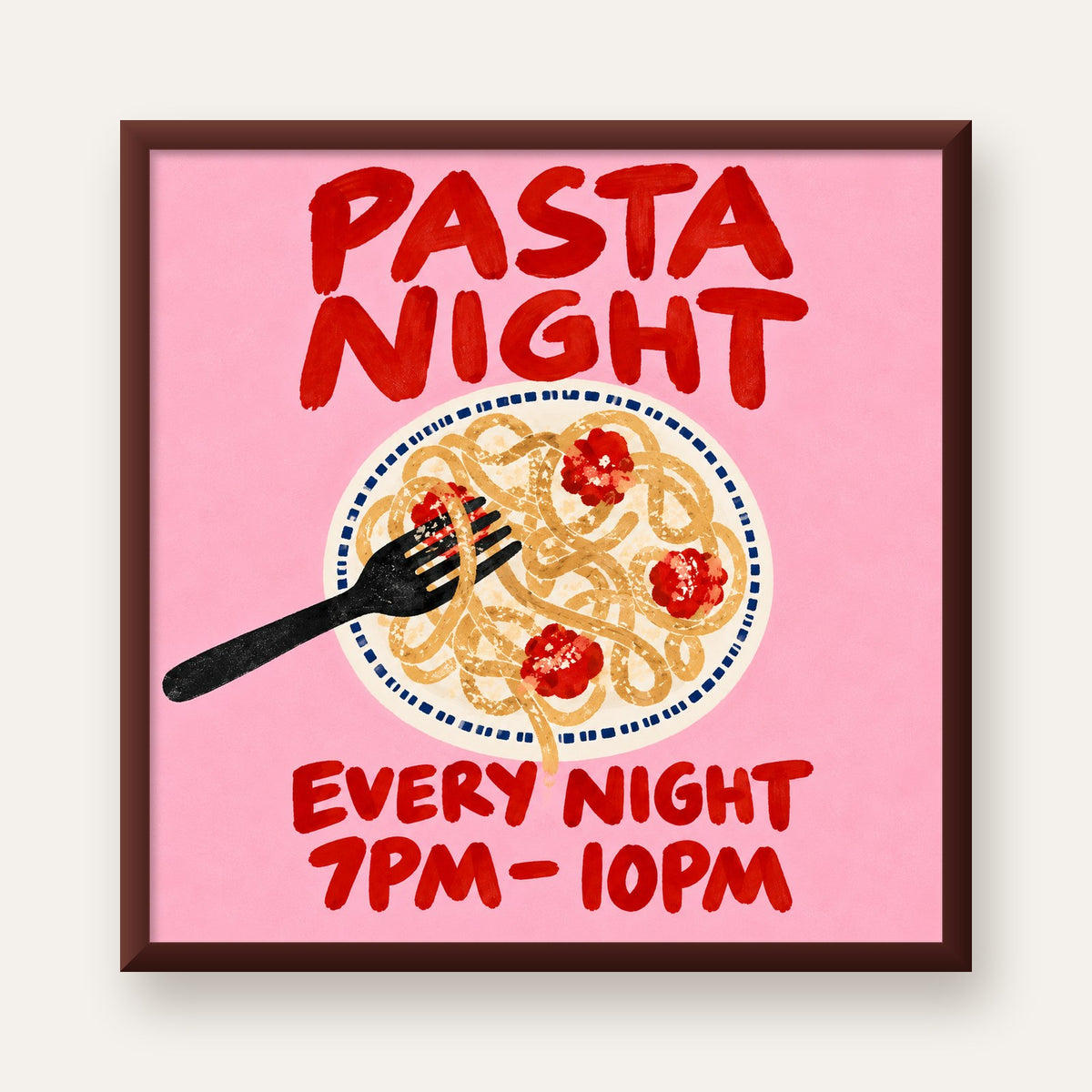 Spagetti Köfte Makarna Gecesi El Çizimi Poster — ceviz çerçeveli