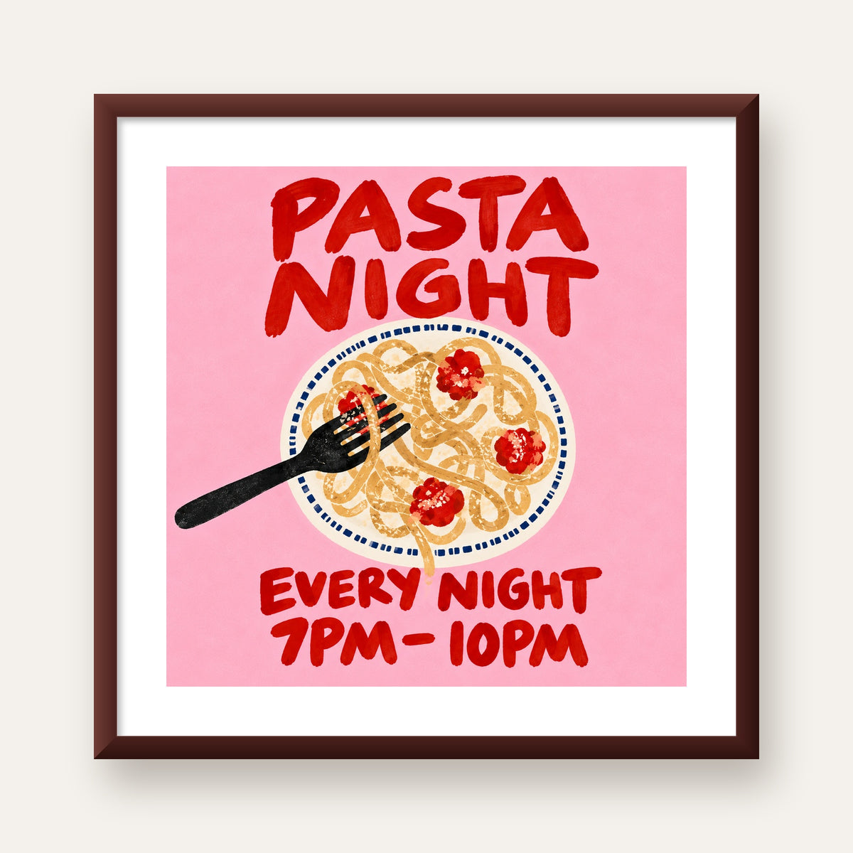 Spagetti Köfte Makarna Gecesi El Çizimi Poster — ceviz çerçeveli paspartulu