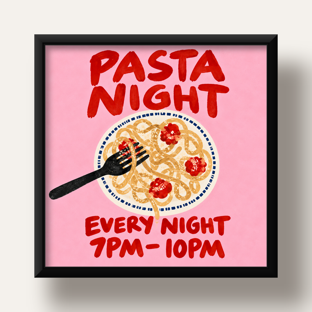 Spagetti Köfte Makarna Gecesi El Çizimi Poster — siyah derin çerçeveli