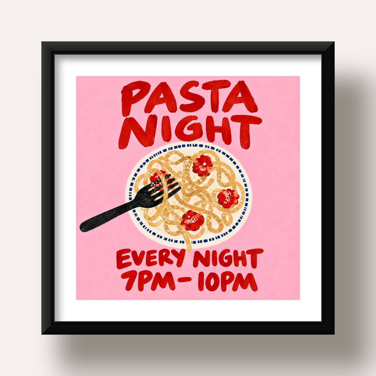 Spagetti Köfte Makarna Gecesi El Çizimi Poster — siyah derin çerçeveli paspartulu