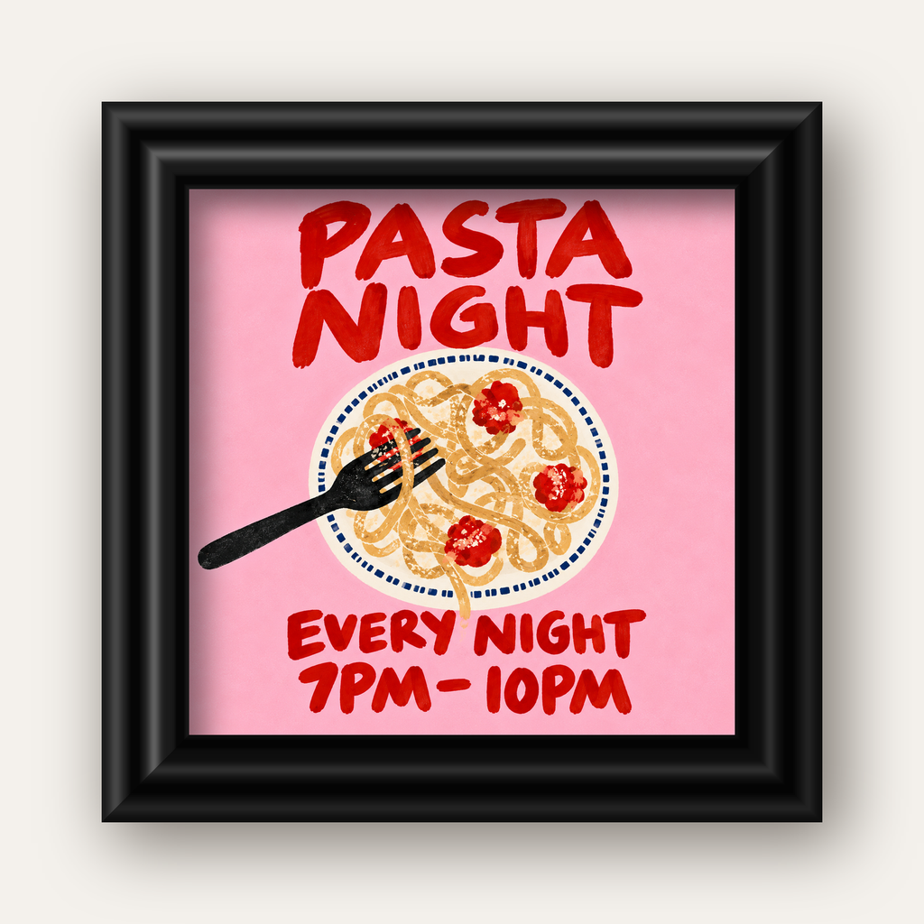 Spagetti Köfte Makarna Gecesi El Çizimi Poster — siyah galeri çerçeveli