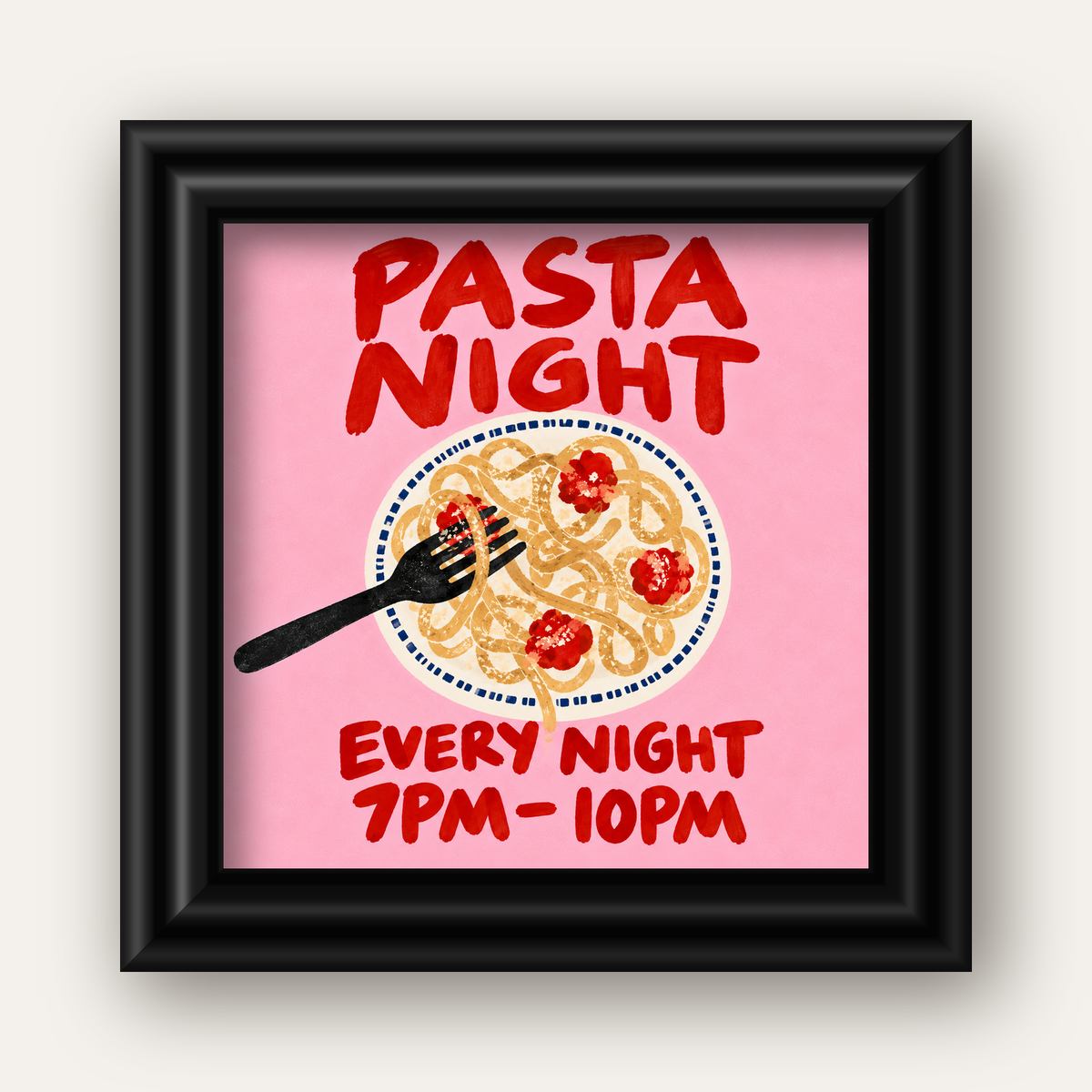 Spagetti Köfte Makarna Gecesi El Çizimi Poster — siyah galeri çerçeveli