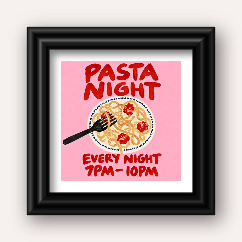 Spagetti Köfte Makarna Gecesi El Çizimi Poster — siyah galeri çerçeveli paspartulu