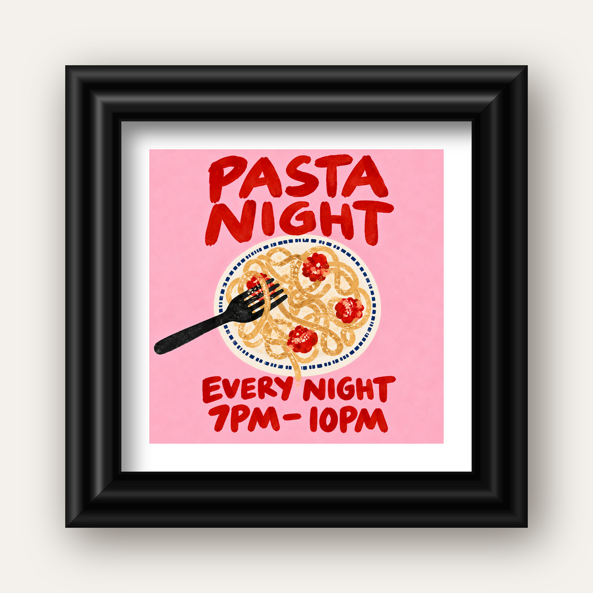Spagetti Köfte Makarna Gecesi El Çizimi Poster — siyah galeri çerçeveli paspartulu