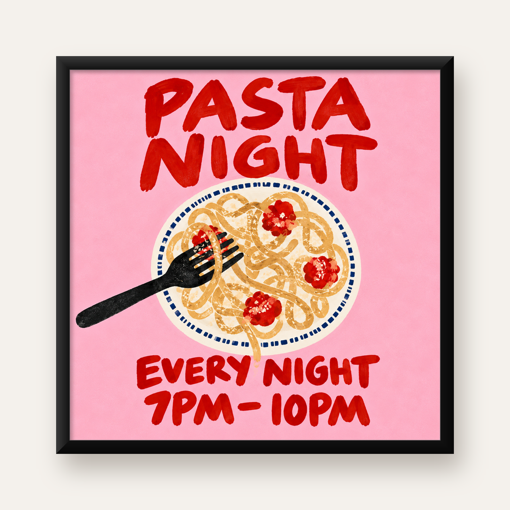 Spagetti Köfte Makarna Gecesi El Çizimi Poster — Kare baskı, düz siyah çerçeveli duvar posteri