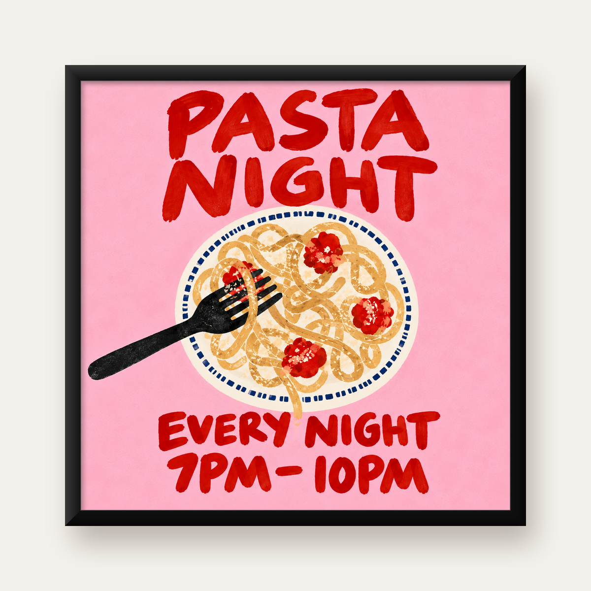 Spagetti Köfte Makarna Gecesi El Çizimi Poster — Kare baskı, düz siyah çerçeveli duvar posteri