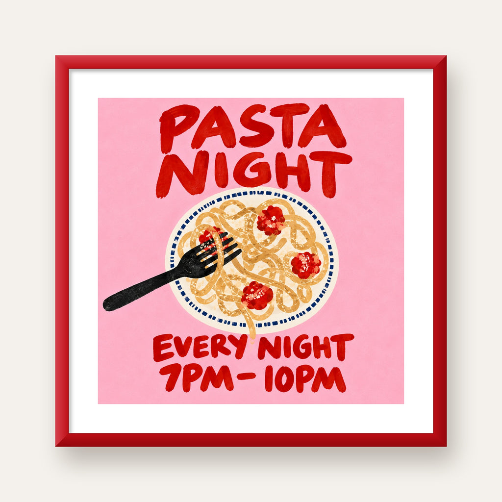 Spagetti Köfte Makarna Gecesi El Çizimi Poster — kırmızı çerçeveli paspartulu