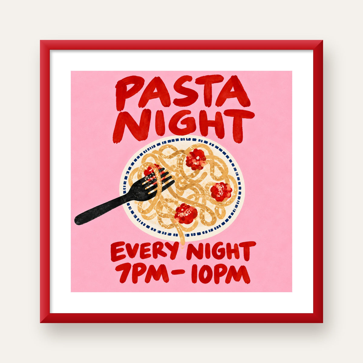 Spagetti Köfte Makarna Gecesi El Çizimi Poster — kırmızı çerçeveli paspartulu