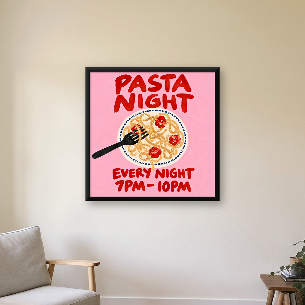 Spagetti Köfte Makarna Gecesi El Çizimi Poster — Kare baskı, çerçeveli hâliyle bir ev duvarında