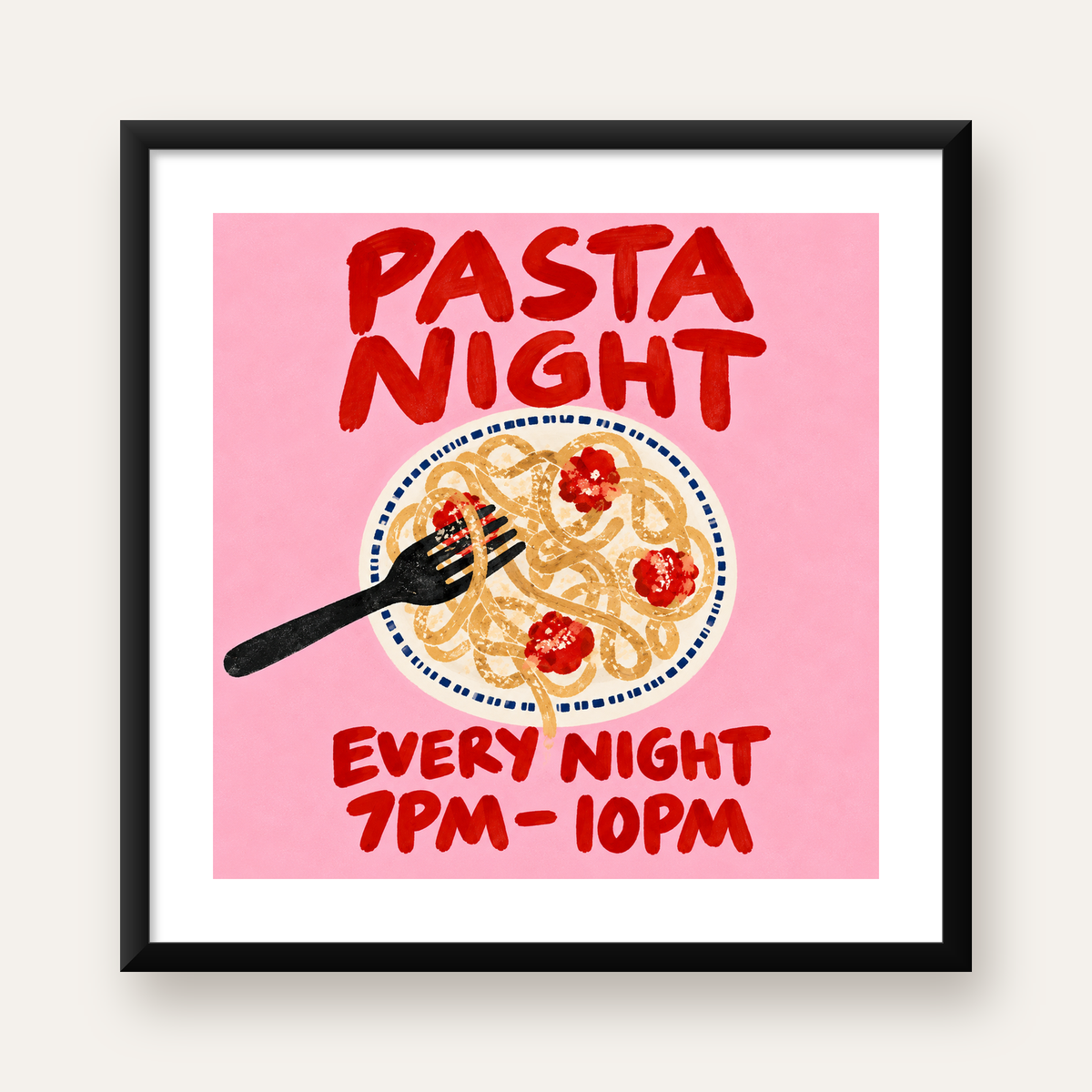 Spagetti Köfte Makarna Gecesi El Çizimi Poster — Kare baskı, beyaz paspartulu