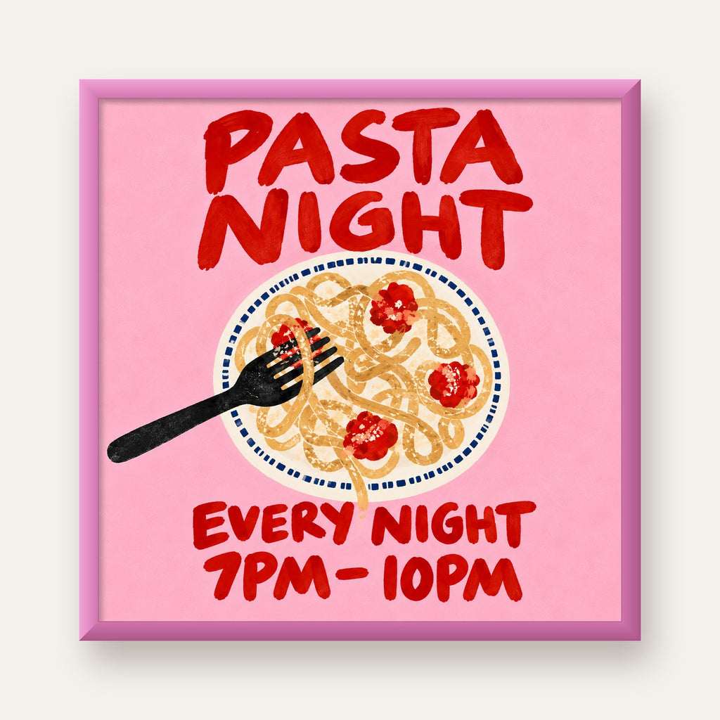 Spagetti Köfte Makarna Gecesi El Çizimi Poster — pembe çerçeveli