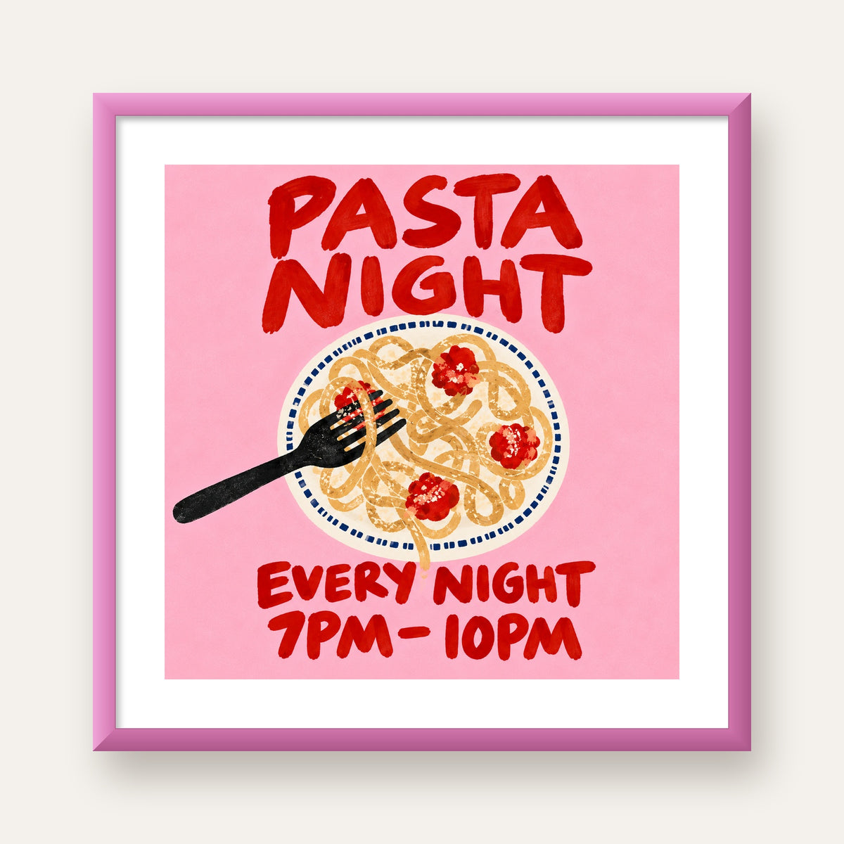 Spagetti Köfte Makarna Gecesi El Çizimi Poster — pembe çerçeveli paspartulu