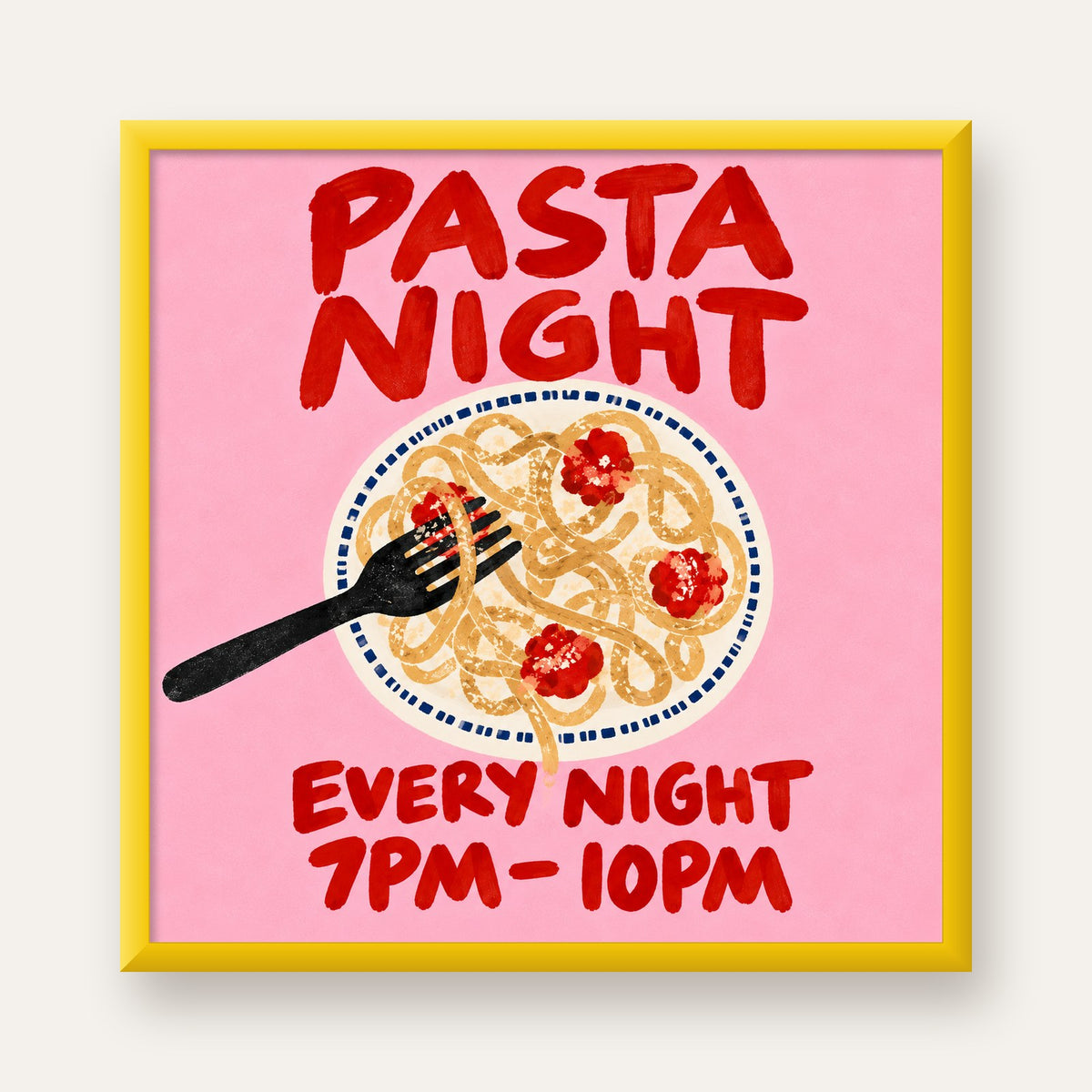 Spagetti Köfte Makarna Gecesi El Çizimi Poster — sarı çerçeveli