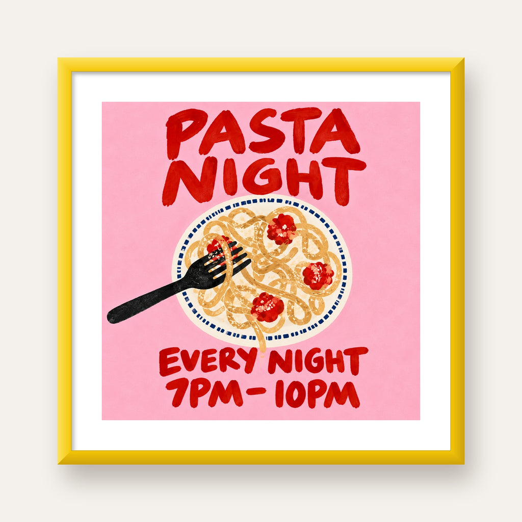 Spagetti Köfte Makarna Gecesi El Çizimi Poster — sarı çerçeveli paspartulu
