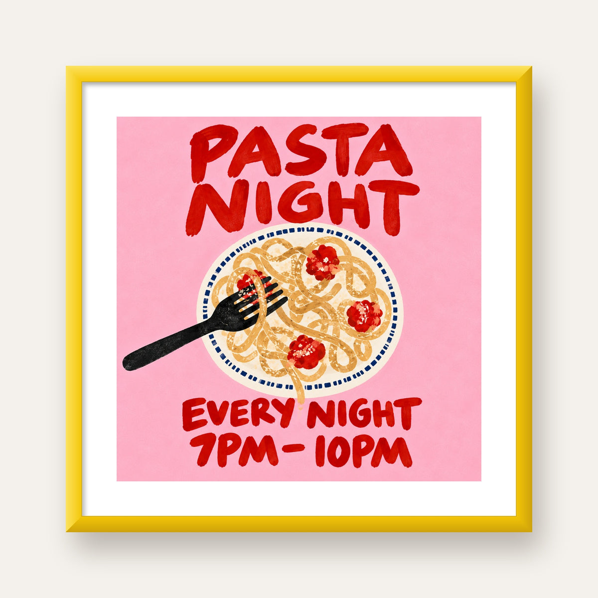 Spagetti Köfte Makarna Gecesi El Çizimi Poster — sarı çerçeveli paspartulu