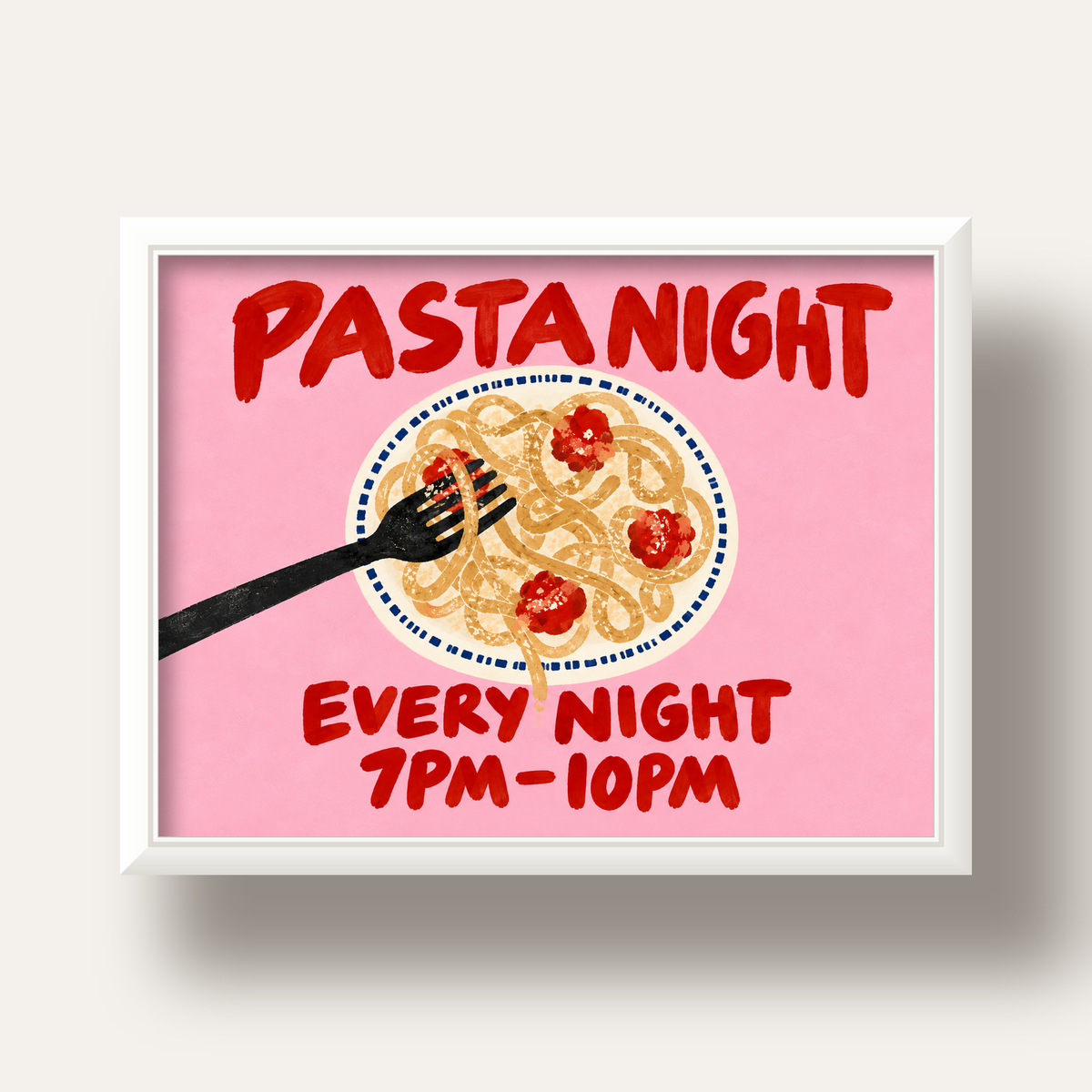 Spagetti Köfte Makarna Gecesi El Çizimi Poster — beyaz derin çerçeveli
