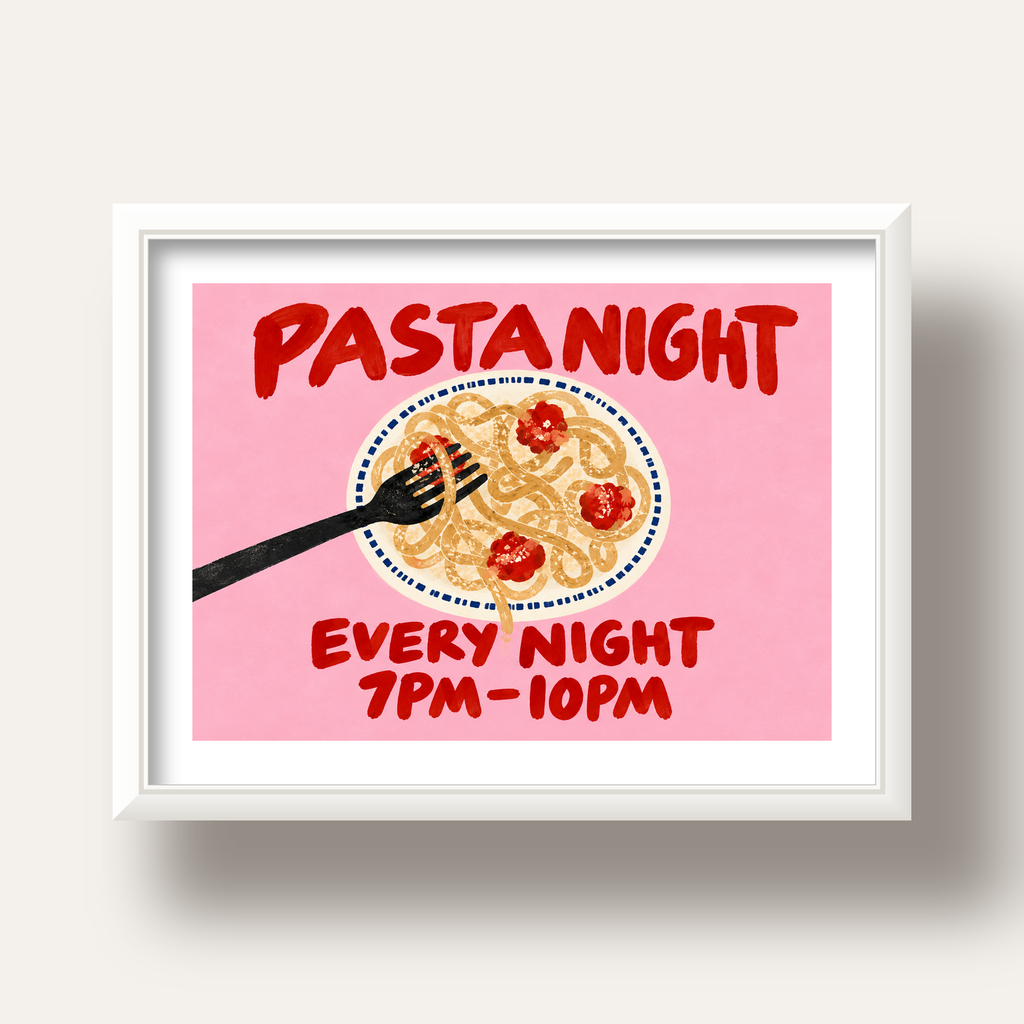 Spagetti Köfte Makarna Gecesi El Çizimi Poster — beyaz derin çerçeveli paspartulu