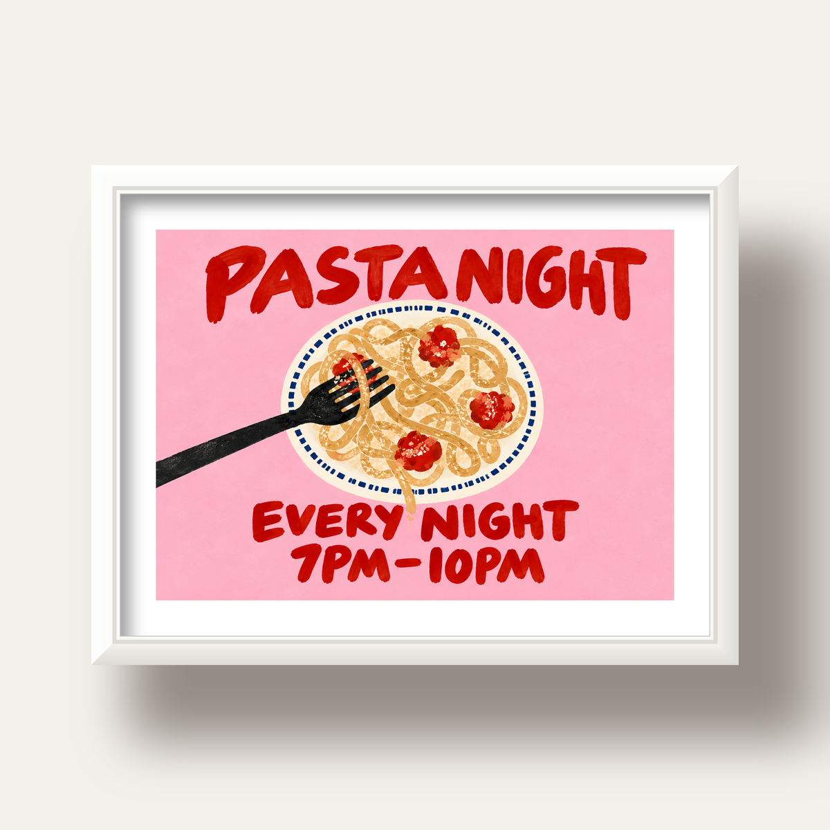 Spagetti Köfte Makarna Gecesi El Çizimi Poster — beyaz derin çerçeveli paspartulu