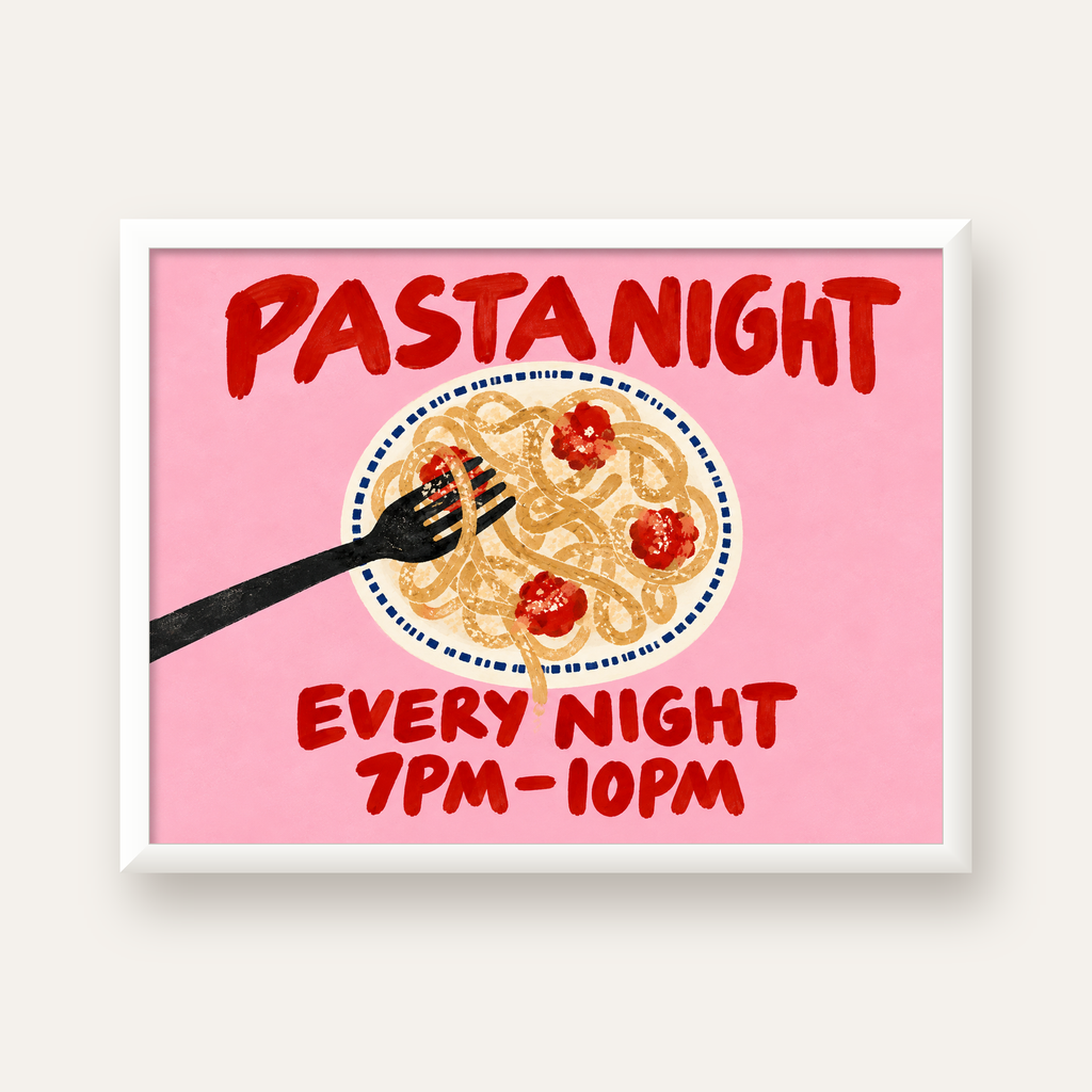 Spagetti Köfte Makarna Gecesi El Çizimi Poster — beyaz çerçeveli yatay poster