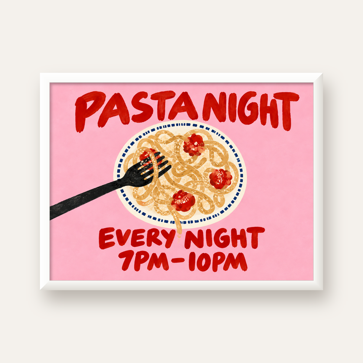 Spagetti Köfte Makarna Gecesi El Çizimi Poster — beyaz çerçeveli yatay poster