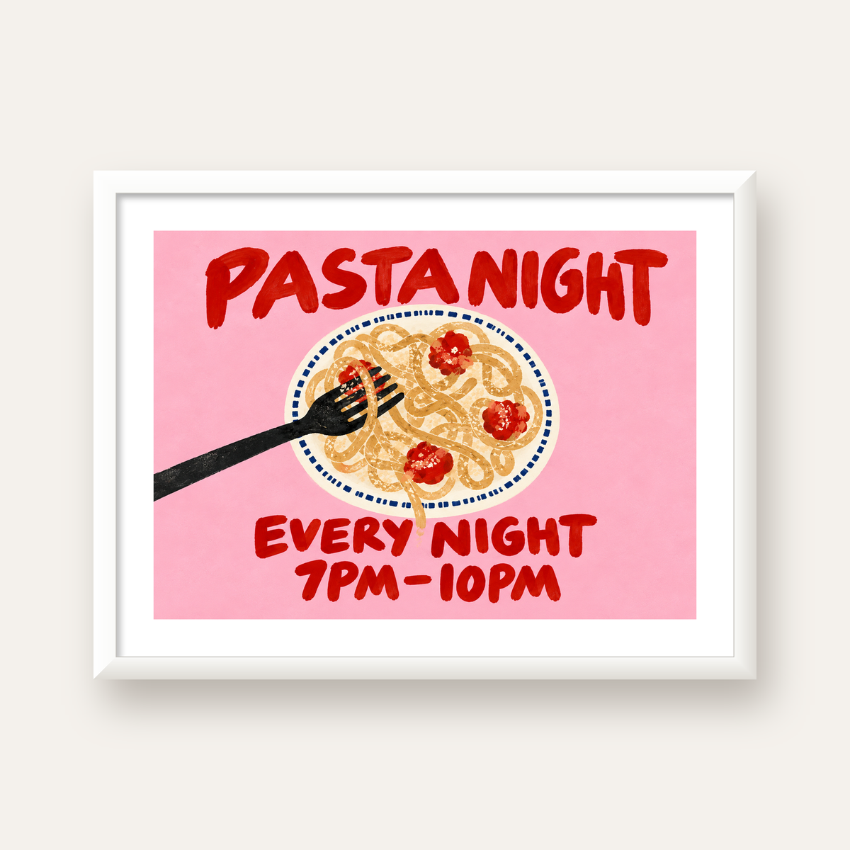 Spagetti Köfte Makarna Gecesi El Çizimi Poster — beyaz çerçeveli yatay poster