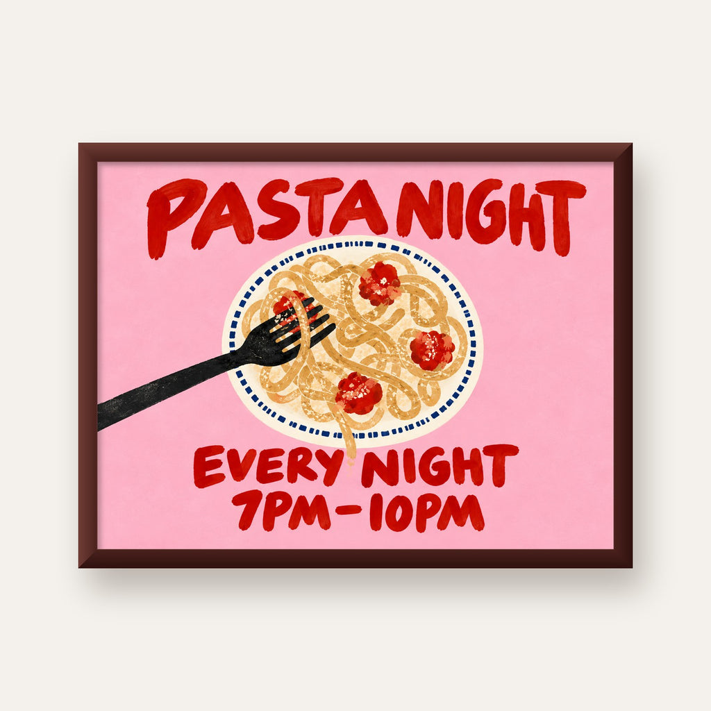 Spagetti Köfte Makarna Gecesi El Çizimi Poster — ceviz çerçeveli