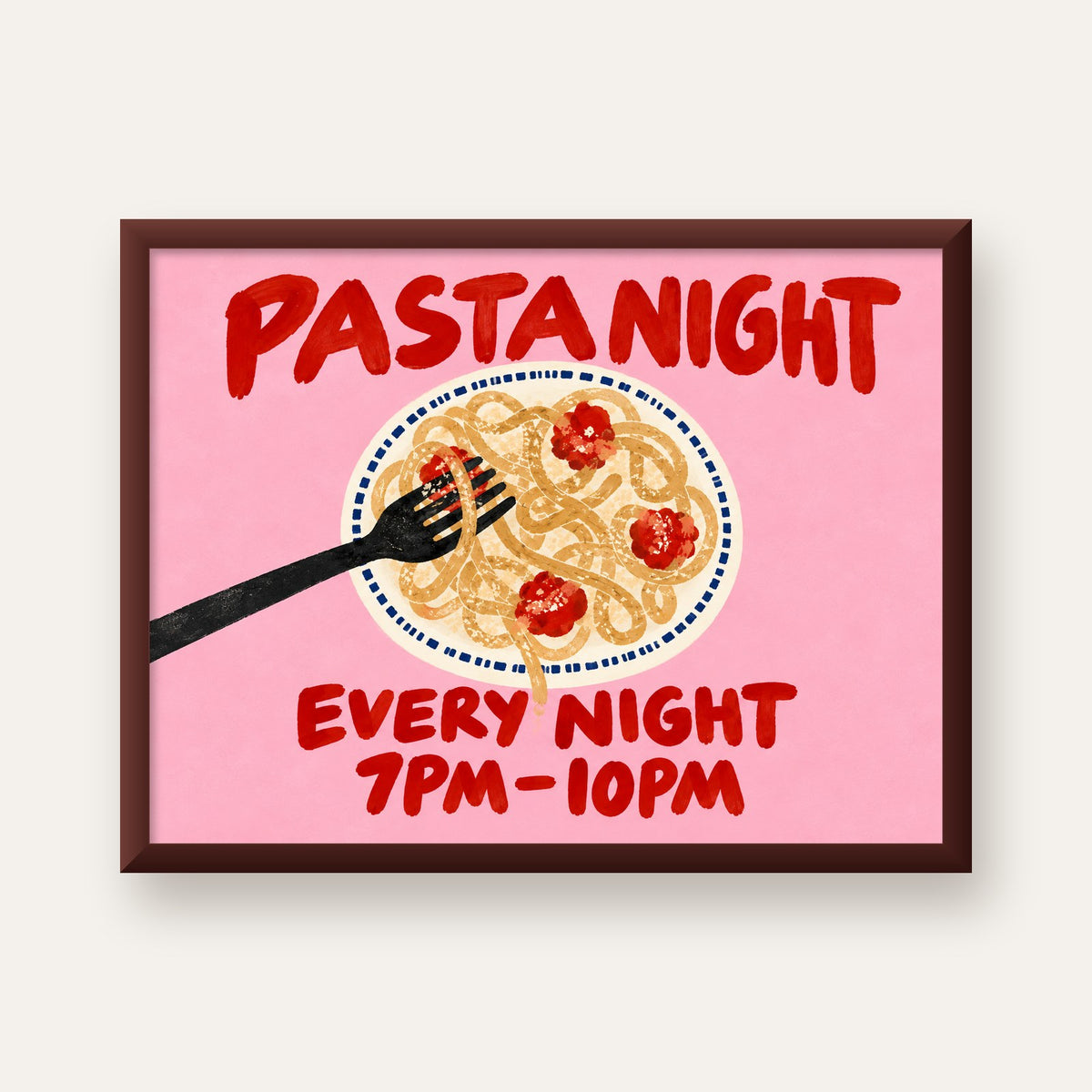 Spagetti Köfte Makarna Gecesi El Çizimi Poster — ceviz çerçeveli
