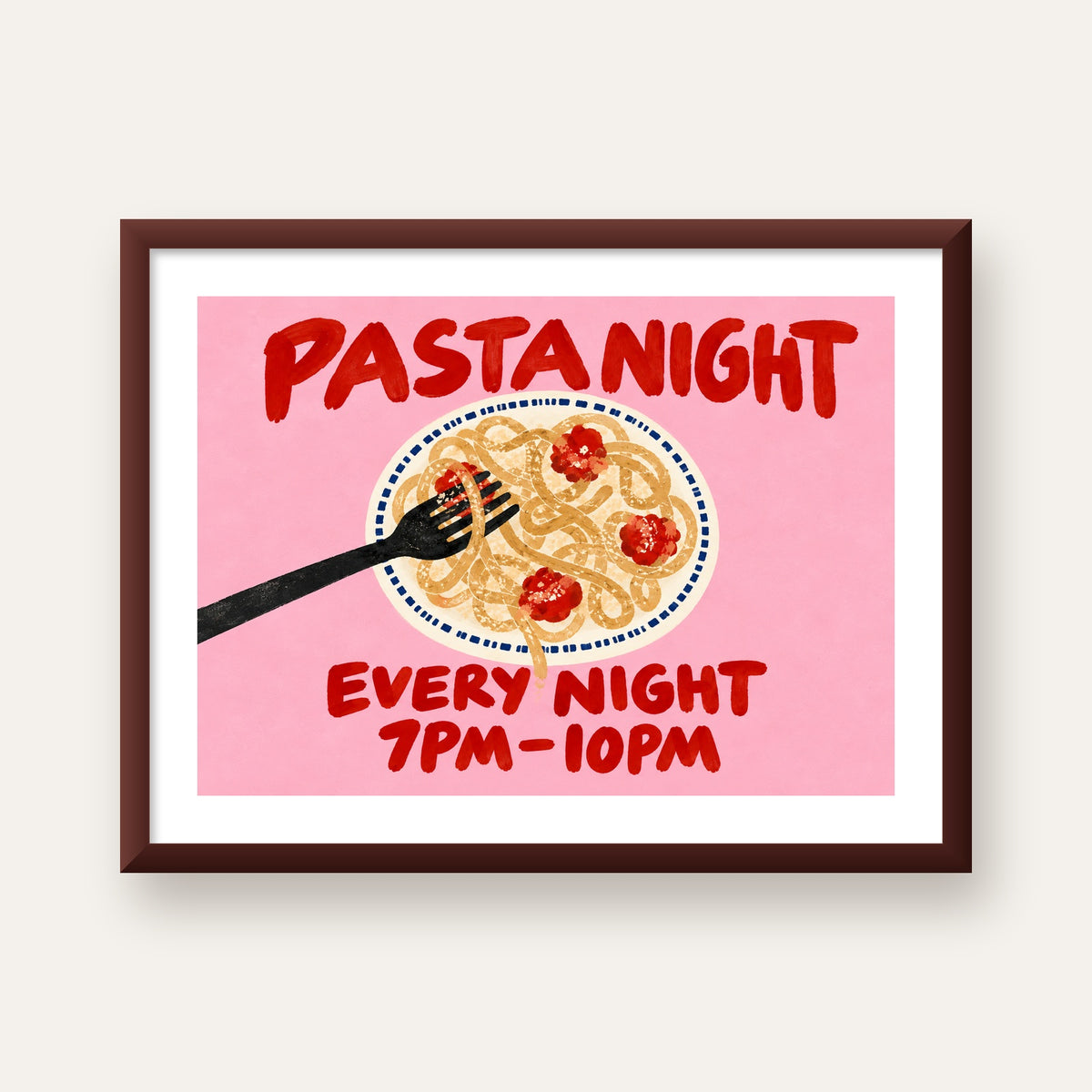 Spagetti Köfte Makarna Gecesi El Çizimi Poster — ceviz çerçeveli paspartulu