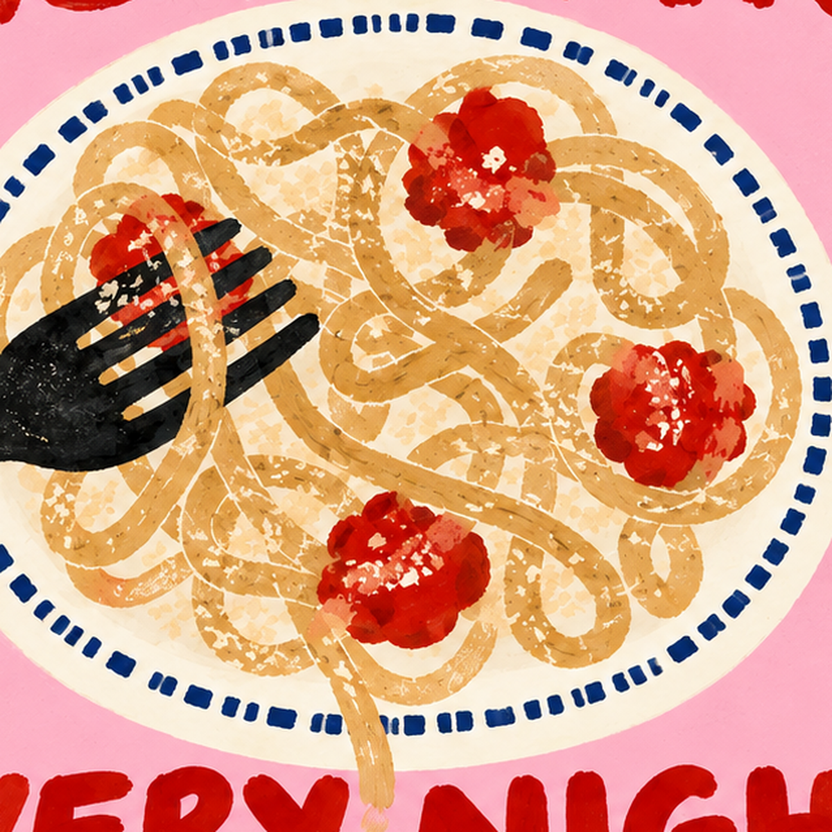 Spagetti Köfte Makarna Gecesi El Çizimi Poster — baskının yakın çekimi, kâğıt dokusu ve renk detayı