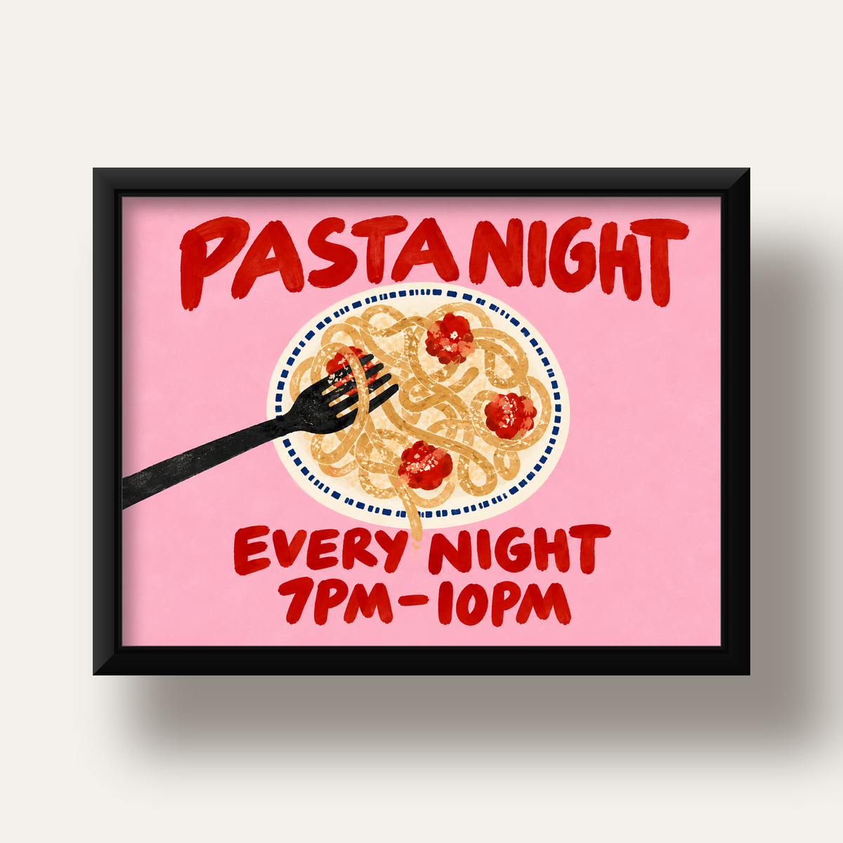 Spagetti Köfte Makarna Gecesi El Çizimi Poster — siyah derin çerçeveli