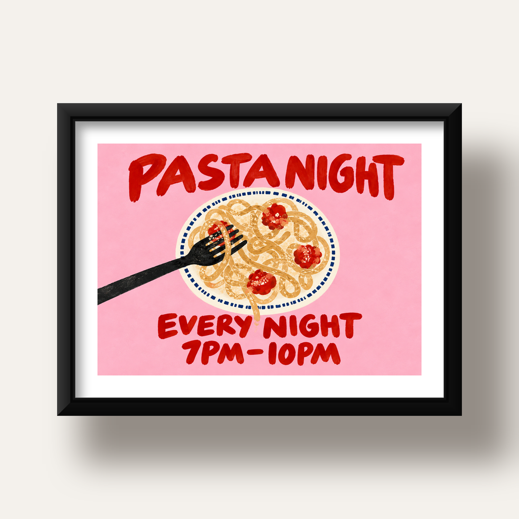 Spagetti Köfte Makarna Gecesi El Çizimi Poster — siyah derin çerçeveli paspartulu
