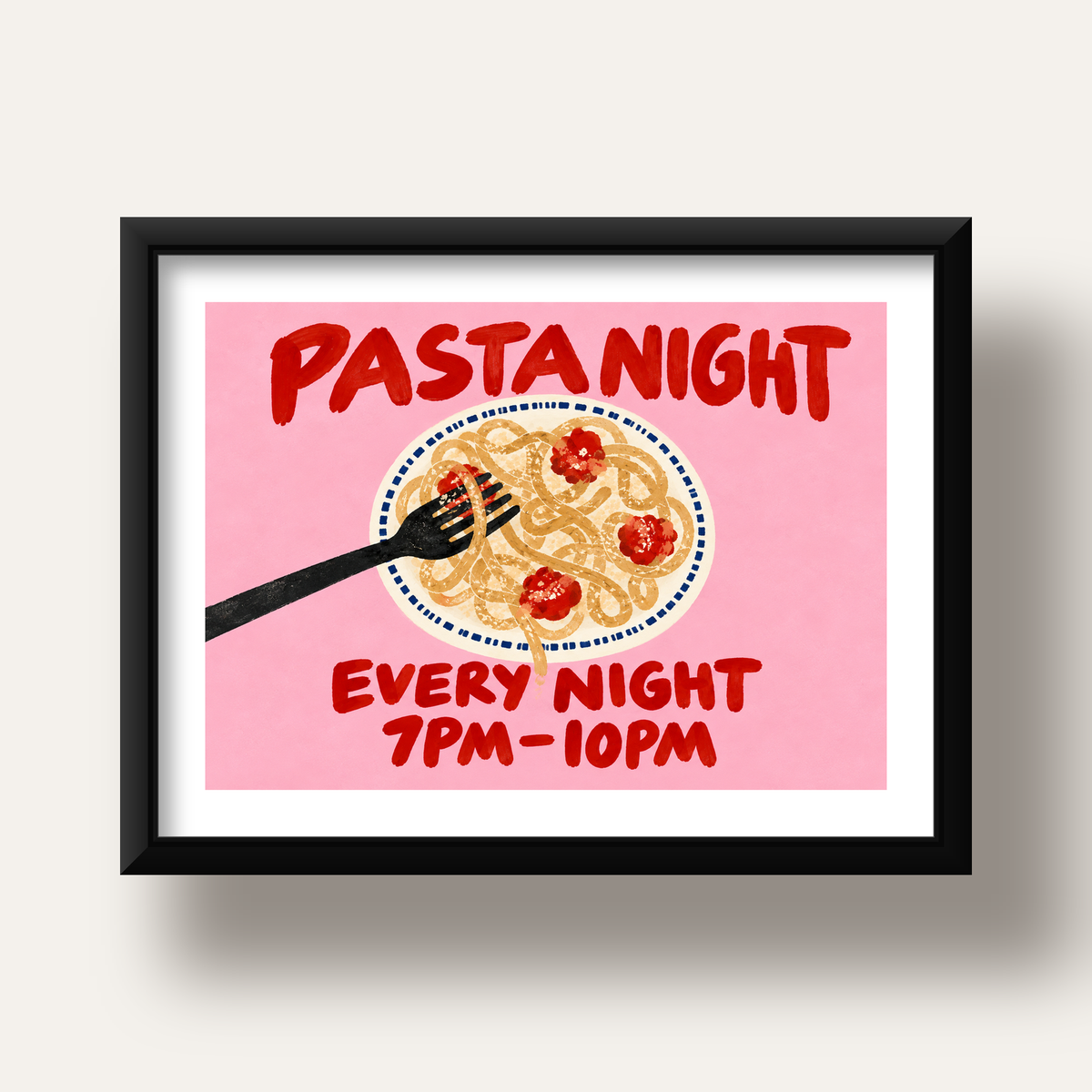Spagetti Köfte Makarna Gecesi El Çizimi Poster — siyah derin çerçeveli paspartulu