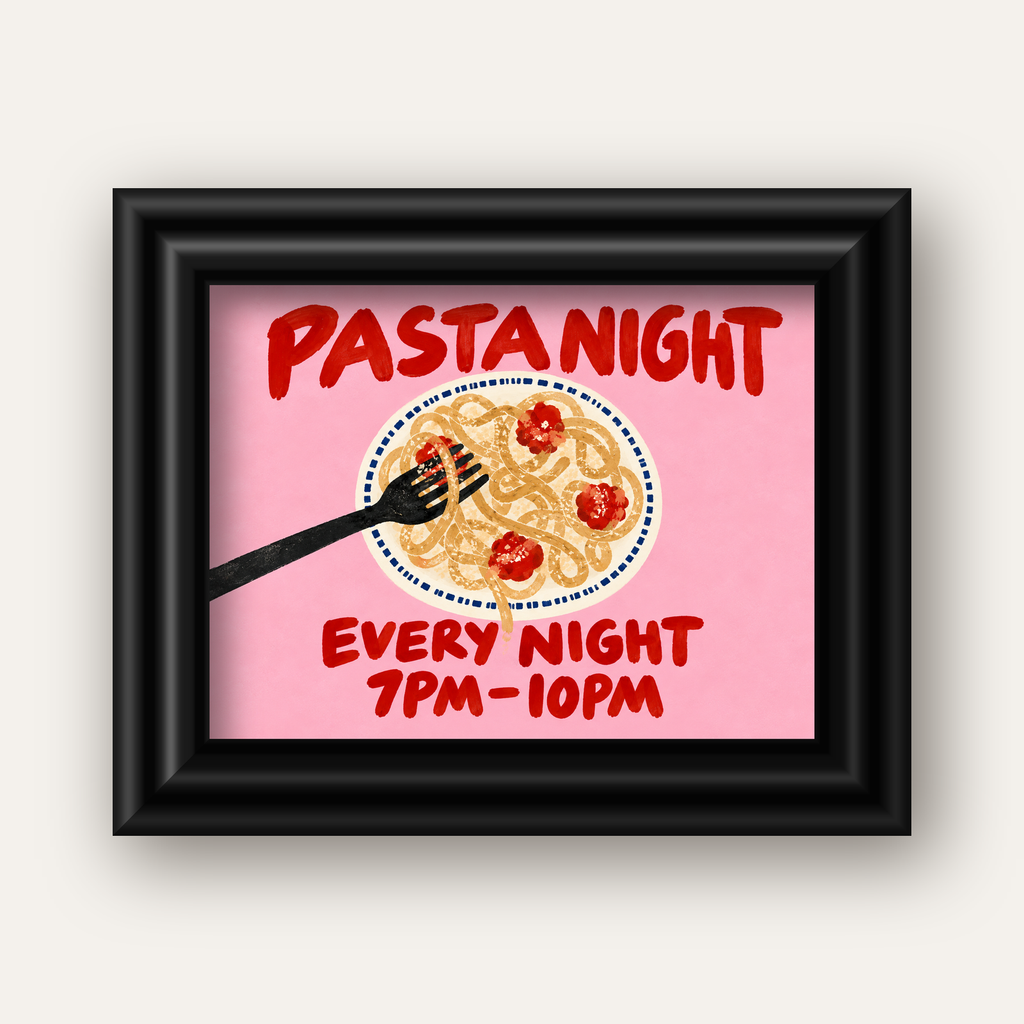 Spagetti Köfte Makarna Gecesi El Çizimi Poster — siyah galeri çerçeveli