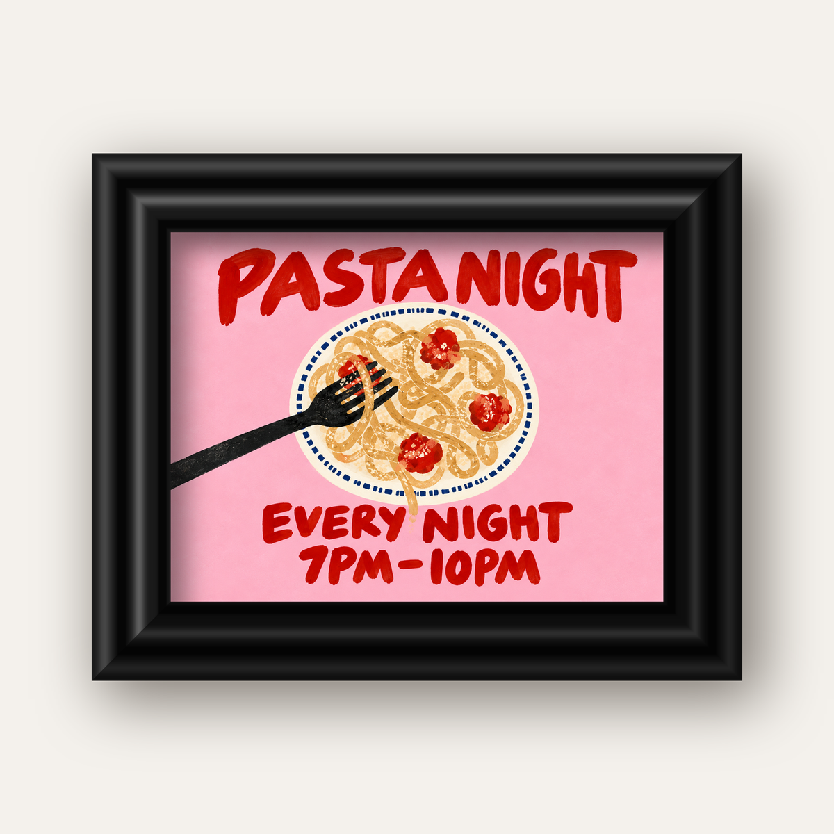 Spagetti Köfte Makarna Gecesi El Çizimi Poster — siyah galeri çerçeveli