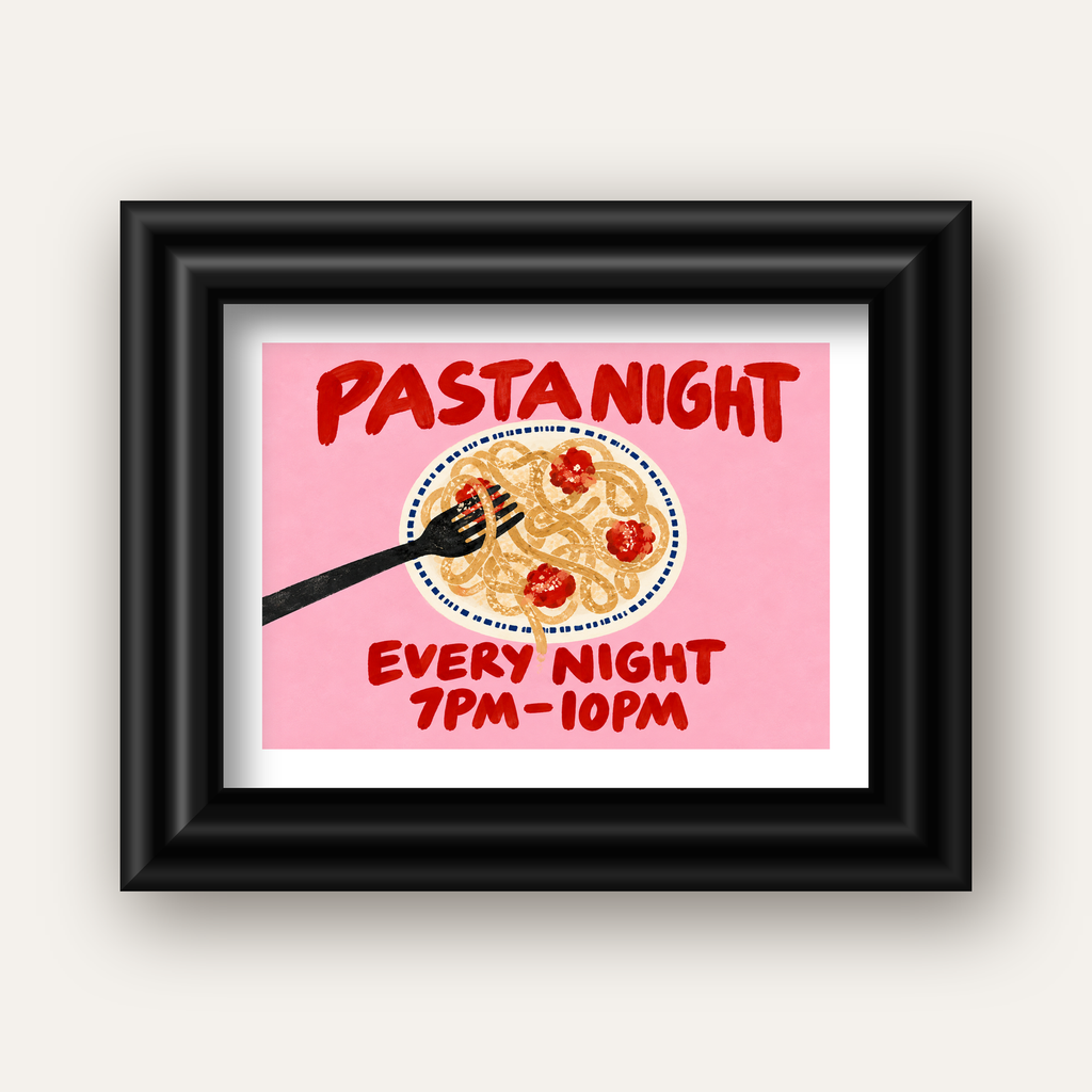 Spagetti Köfte Makarna Gecesi El Çizimi Poster — siyah galeri çerçeveli paspartulu