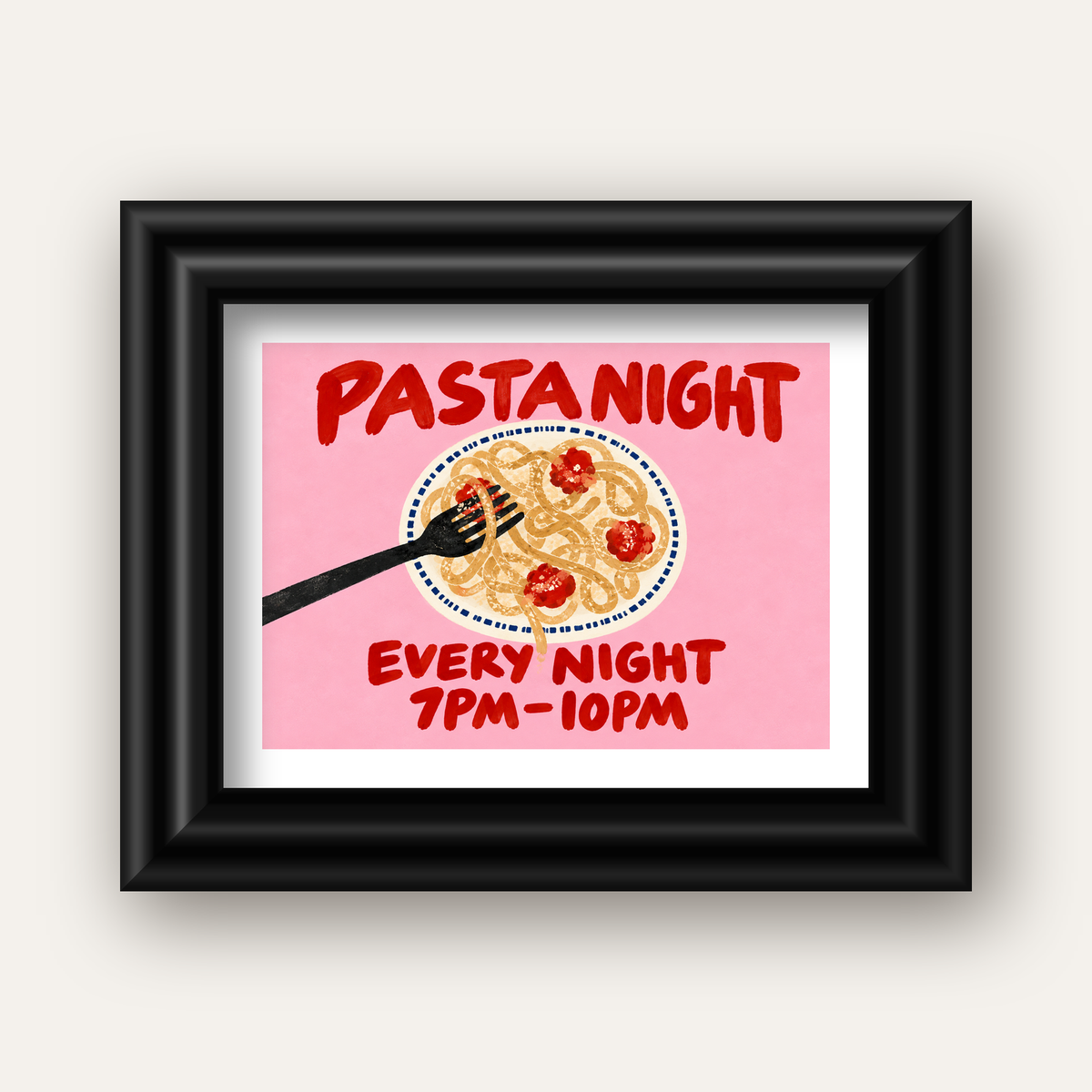 Spagetti Köfte Makarna Gecesi El Çizimi Poster — siyah galeri çerçeveli paspartulu