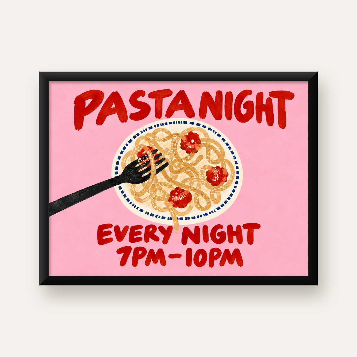 Spagetti Köfte Makarna Gecesi El Çizimi Poster — Yatay baskı, düz siyah çerçeveli duvar posteri