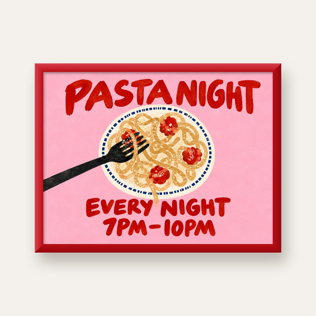 Spagetti Köfte Makarna Gecesi El Çizimi Poster — kırmızı çerçeveli