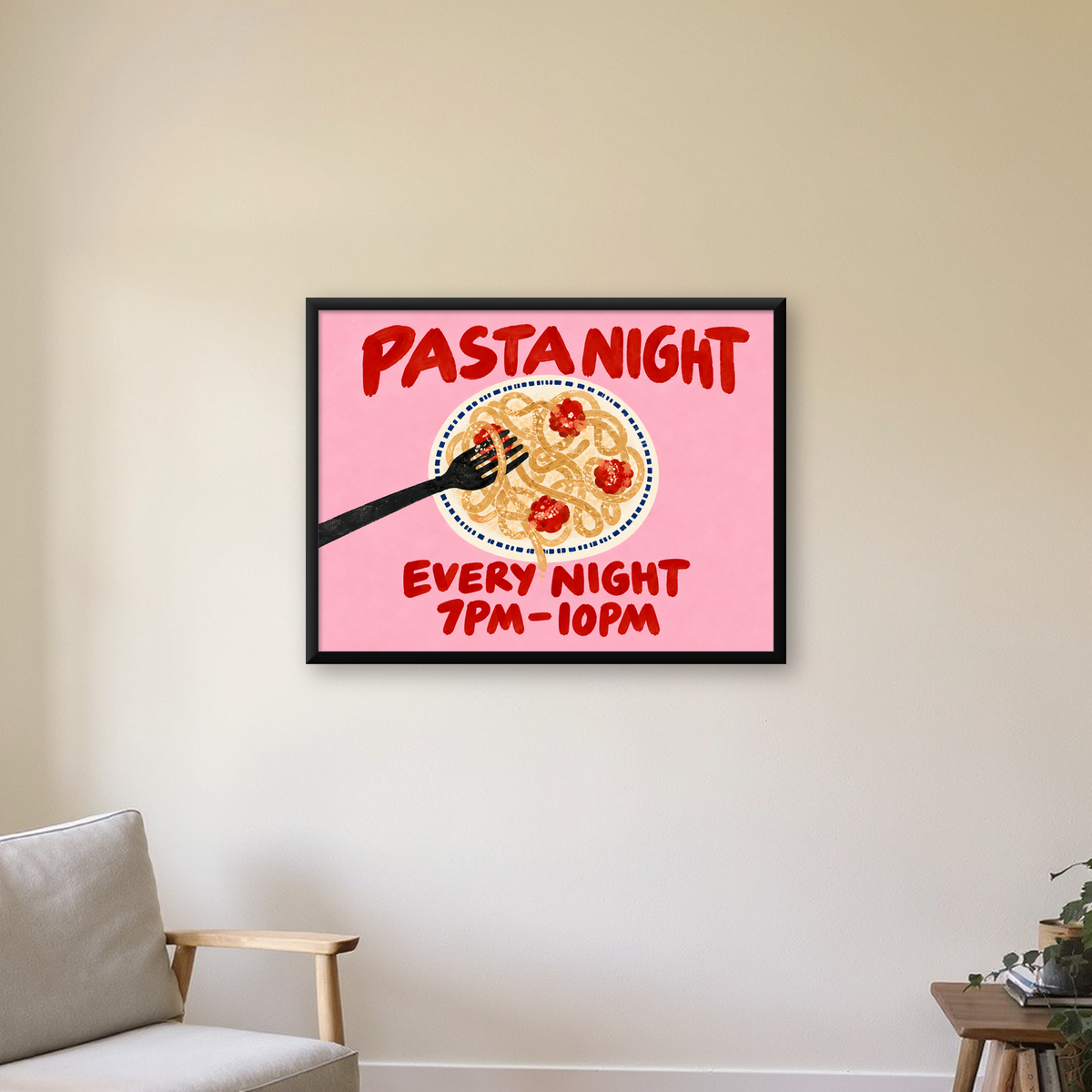 Spagetti Köfte Makarna Gecesi El Çizimi Poster — Yatay baskı, çerçeveli hâliyle bir ev duvarında