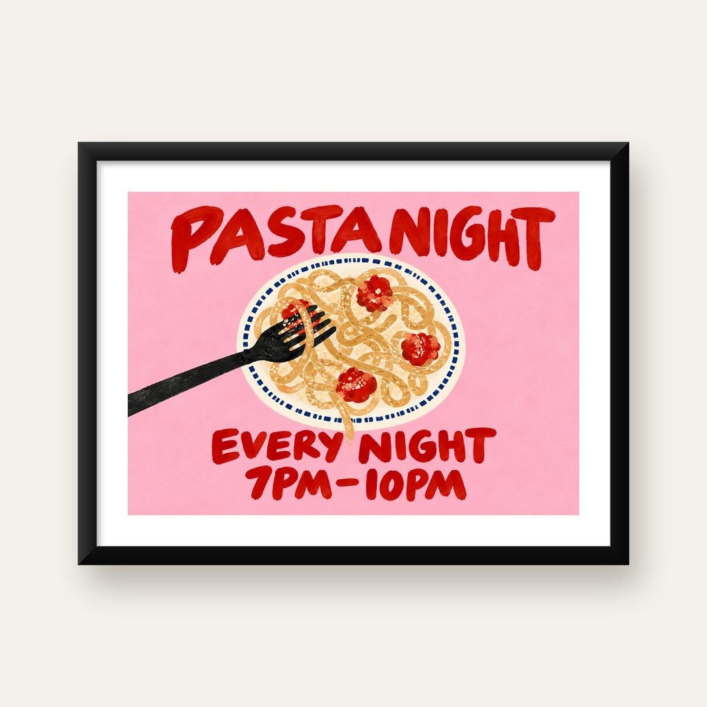 Spagetti Köfte Makarna Gecesi El Çizimi Poster — Yatay baskı, beyaz paspartulu