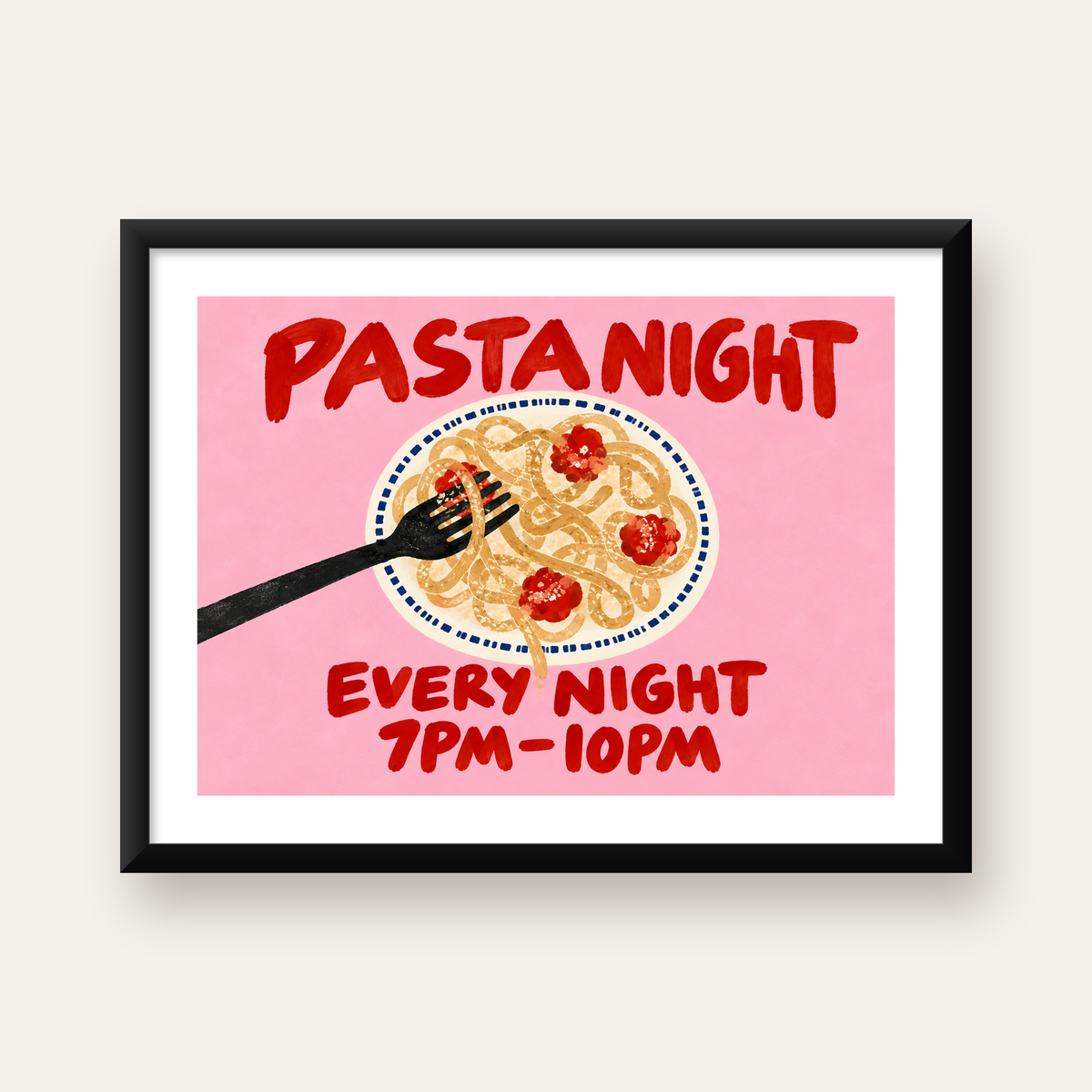 Spagetti Köfte Makarna Gecesi El Çizimi Poster — Yatay baskı, beyaz paspartulu