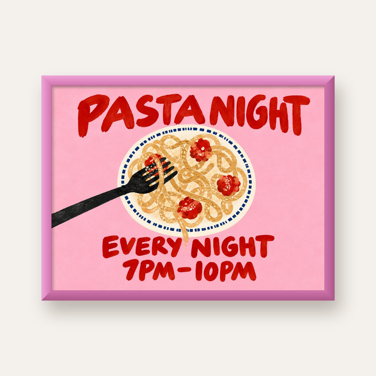 Spagetti Köfte Makarna Gecesi El Çizimi Poster — pembe çerçeveli