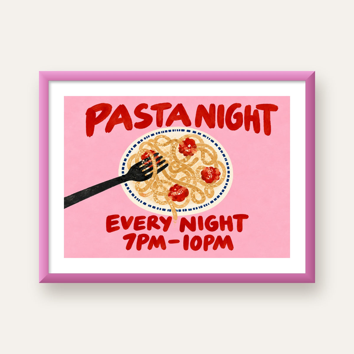 Spagetti Köfte Makarna Gecesi El Çizimi Poster — pembe çerçeveli paspartulu