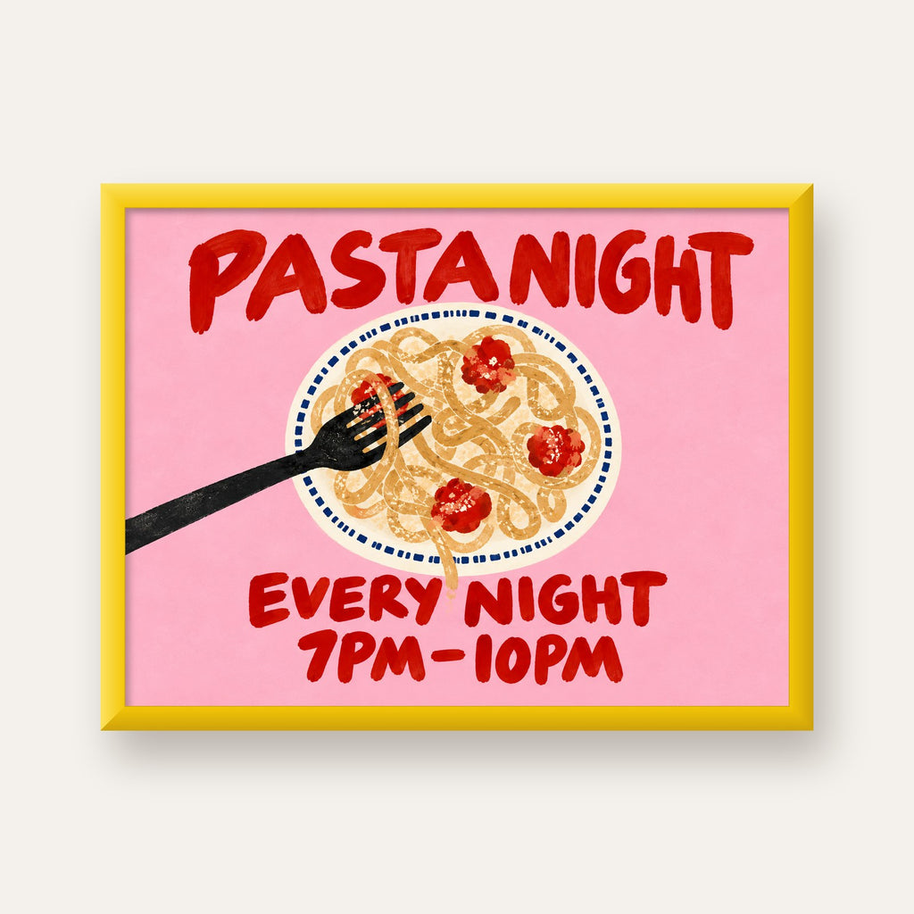 Spagetti Köfte Makarna Gecesi El Çizimi Poster — sarı çerçeveli