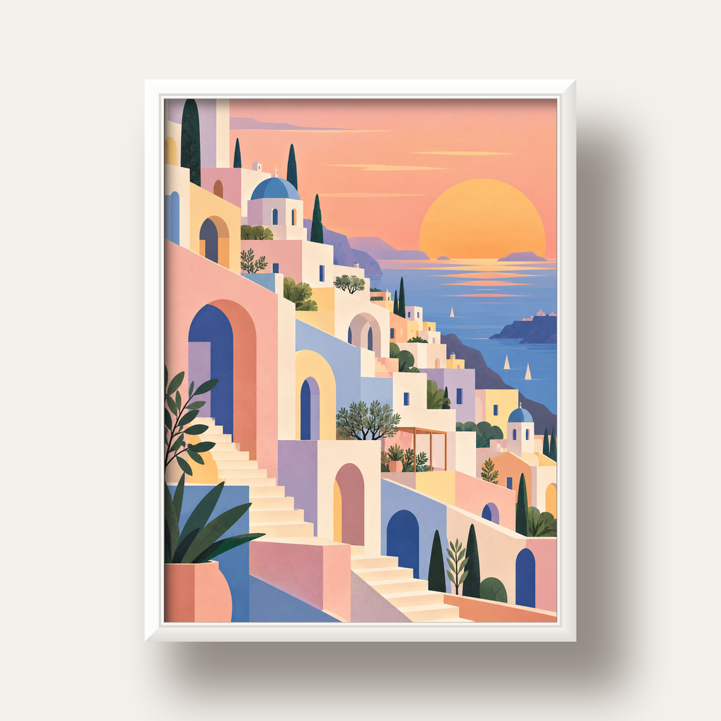 Pastel Akdeniz Şehri — beyaz derin çerçeveli