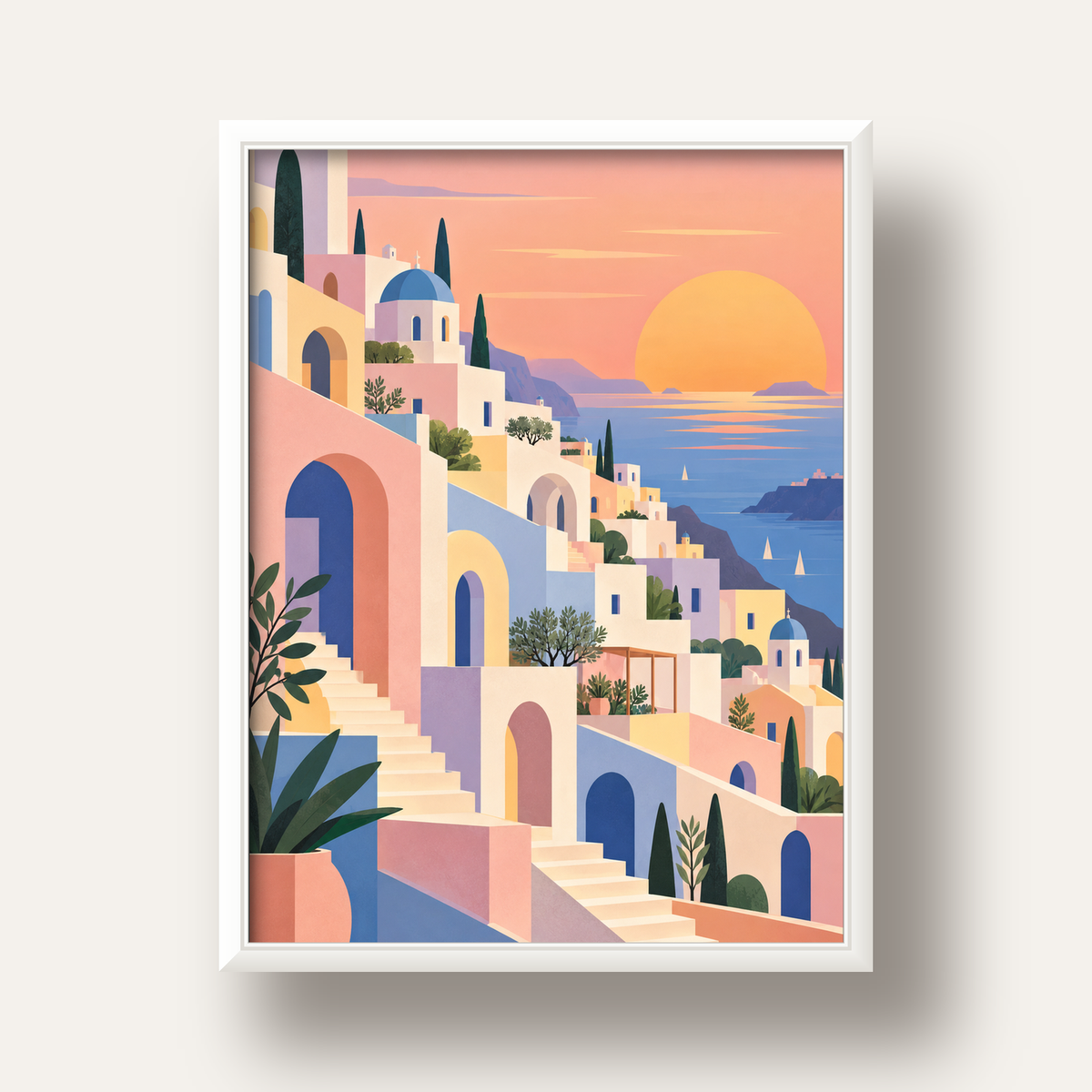 Pastel Akdeniz Şehri — beyaz derin çerçeveli