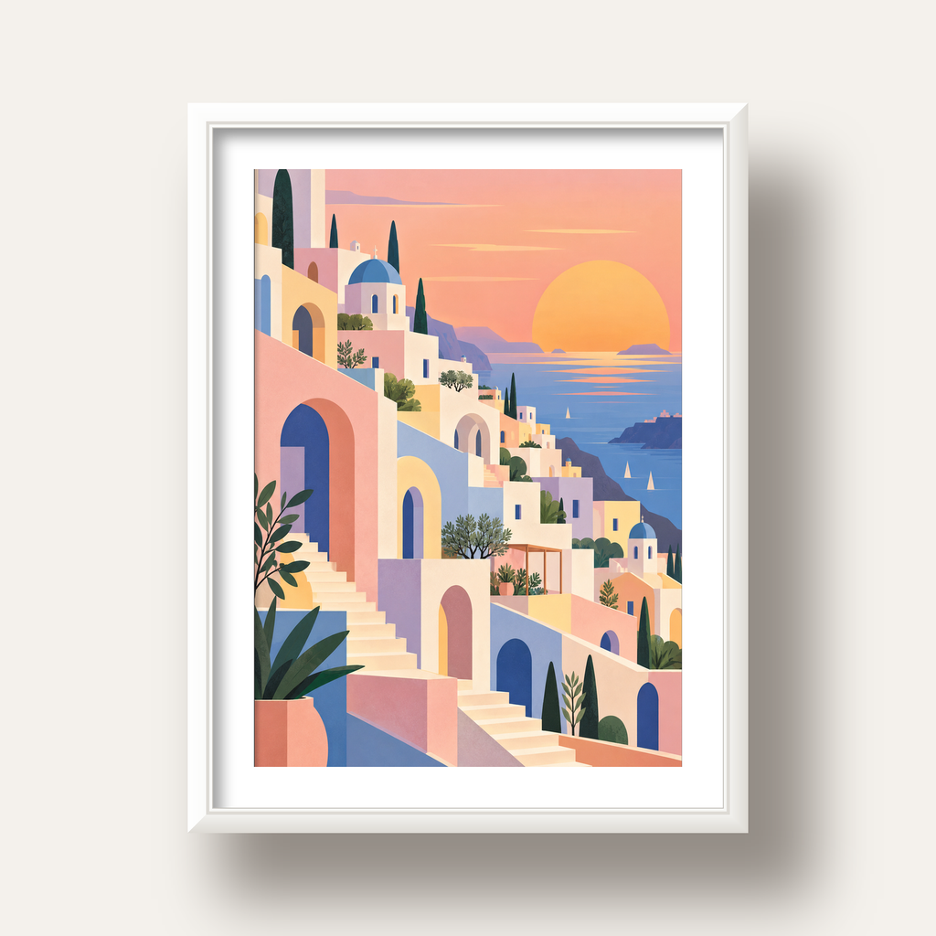 Pastel Akdeniz Şehri — beyaz derin çerçeveli paspartulu