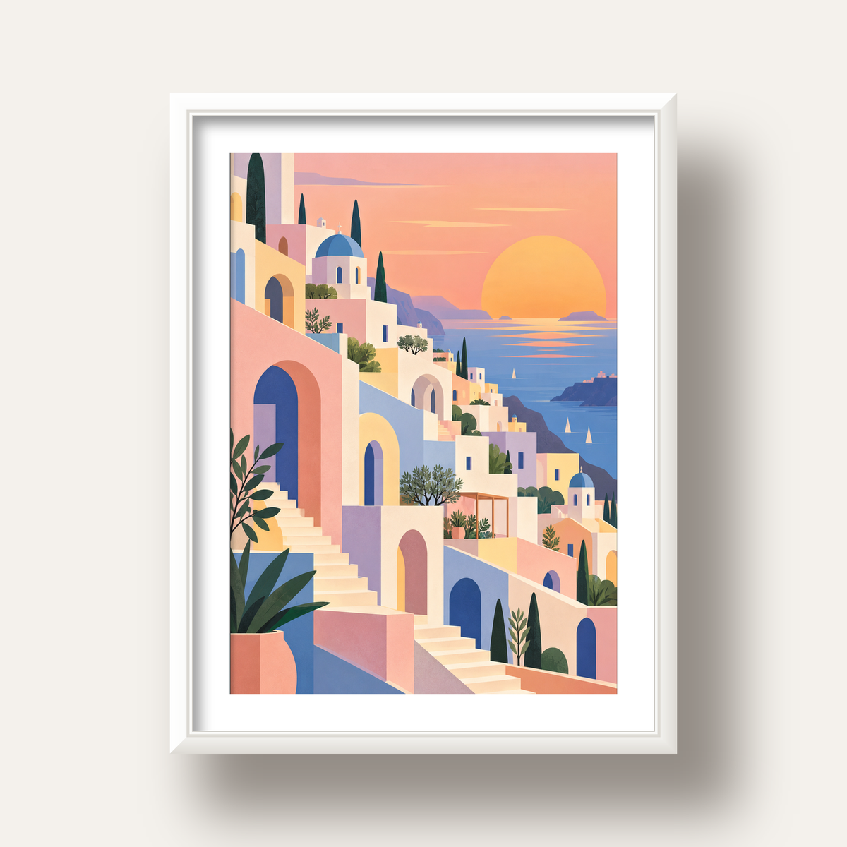 Pastel Akdeniz Şehri — beyaz derin çerçeveli paspartulu
